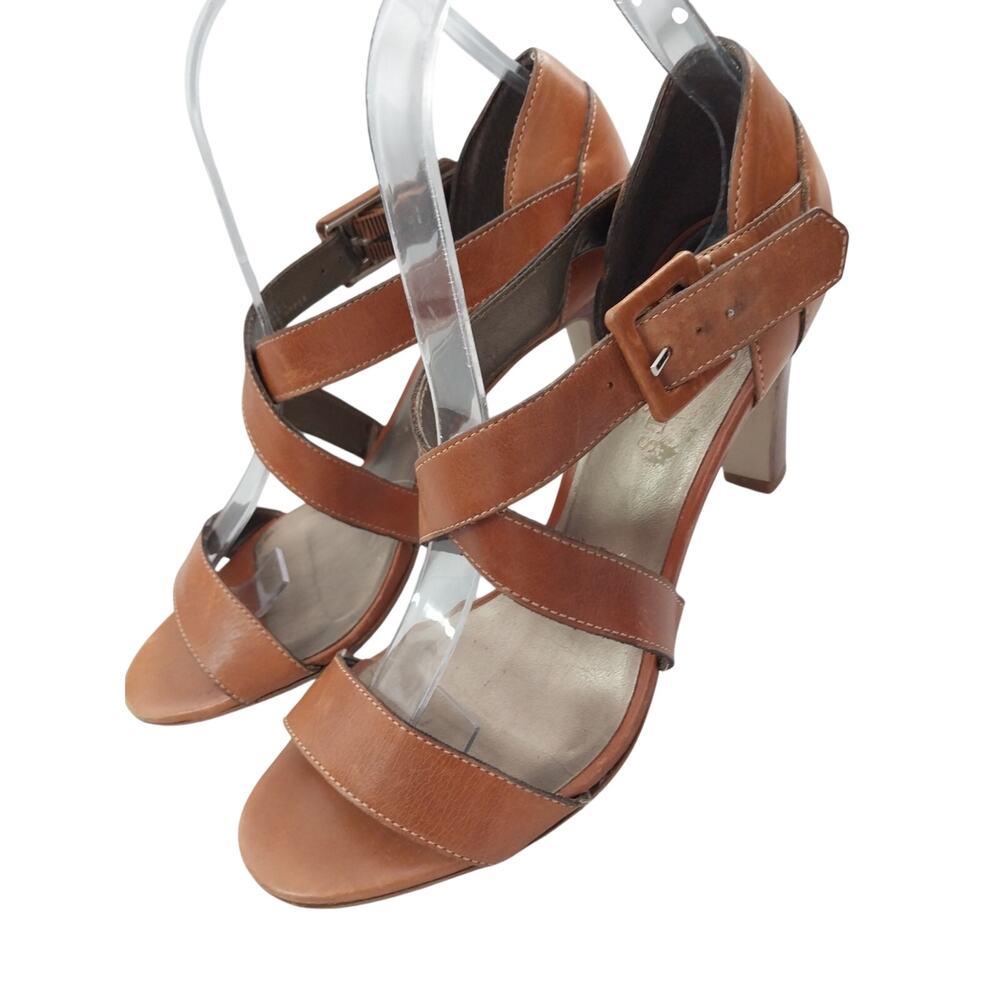 TALBOTS! PECAN BROWN GENUINE LEATHER CRISS CROSS, STACKED HEELS, SANDALS! 7.5B